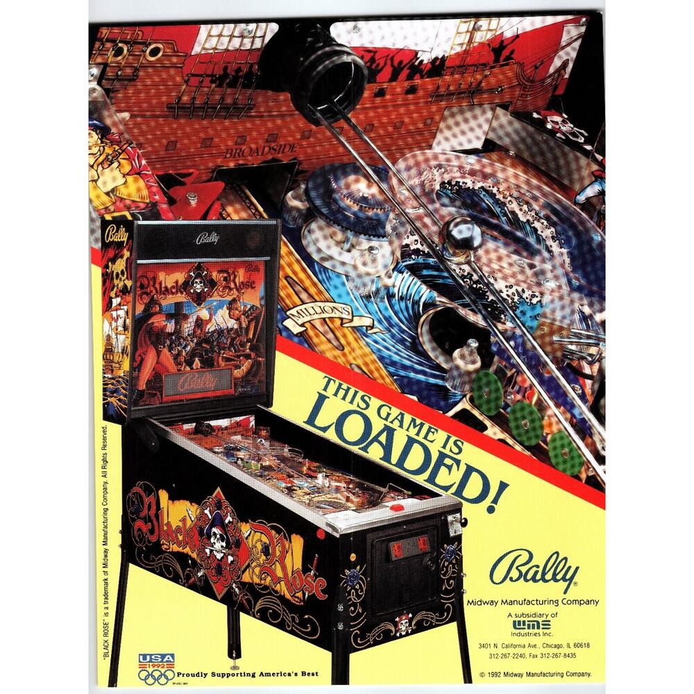 1992 Bally Black Rose Pinball Machine Flyer Vintage Arcade Game Ad